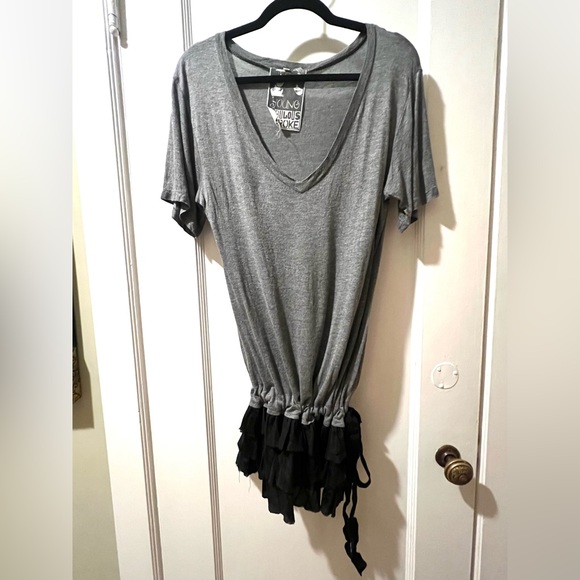 Y2K Young Fabulous & Broke Sz M Mini Dress Tunic Top Grey T-shirt Silk Ruffle - Picture 5 of 7